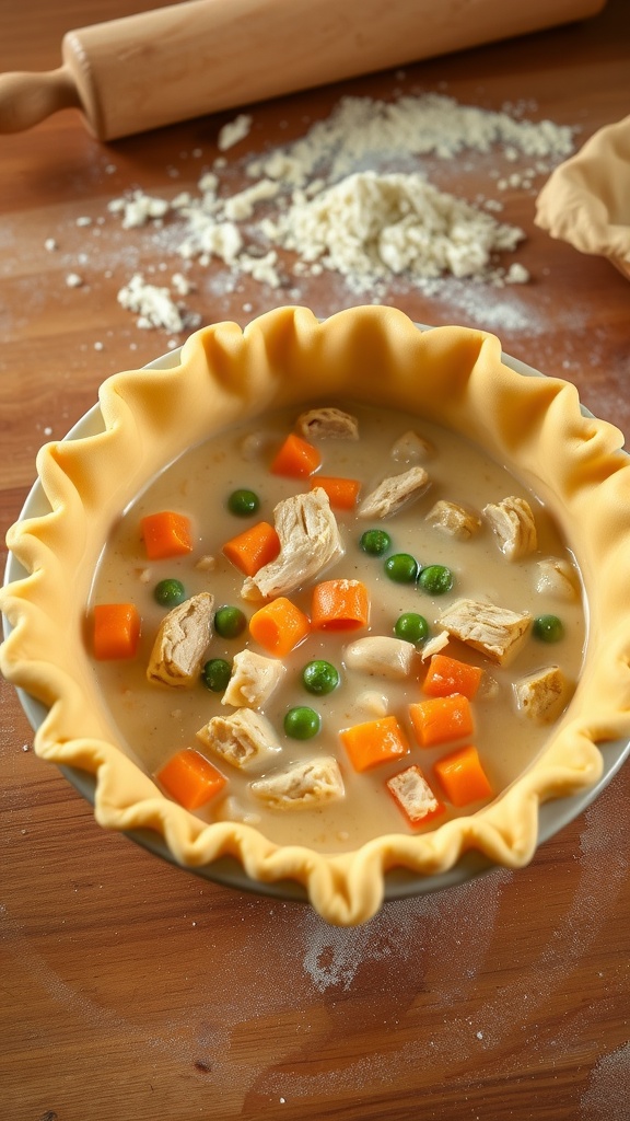 A golden flaky chicken pot pie crust on a countertop with rolling pin and flour.